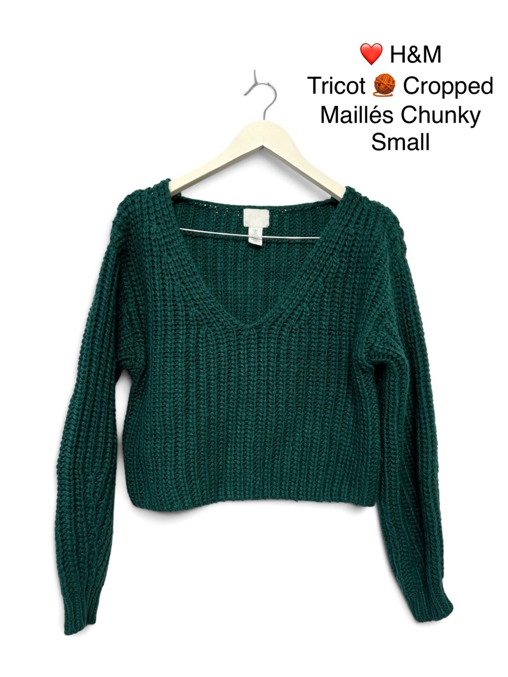 H&M Women's Chunky V-Neck Cropped Sweater in Forest Green